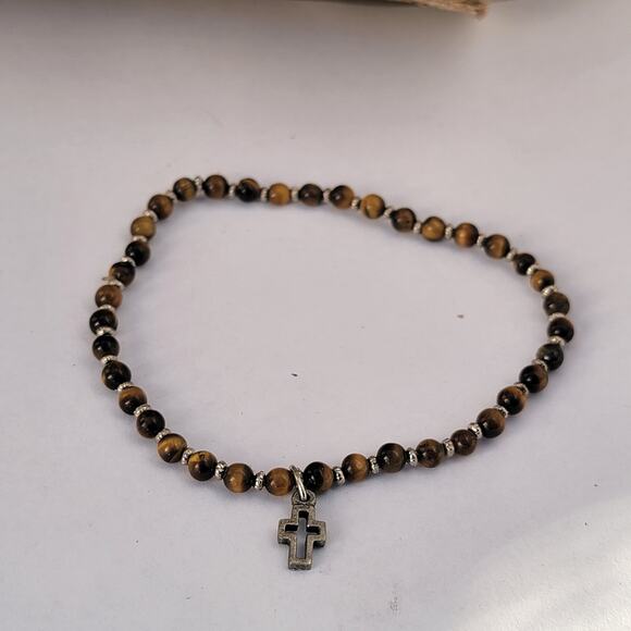 Vintage tiger's eye bracelet with silver tone cross charm 1990s stretch - Picture 2 of 10